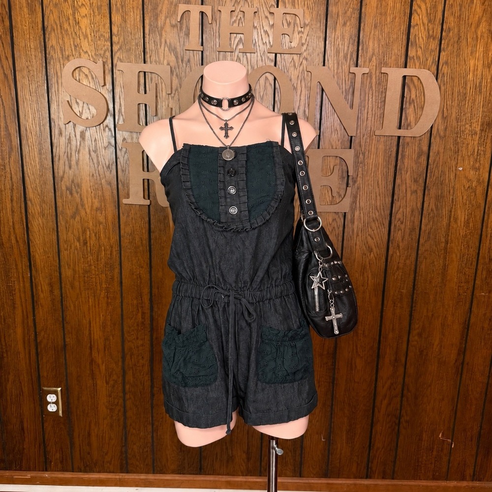 Black Denim Eyelet Romper Deja Vu Women M Grunge Indie Sleaze Y2K Mori Girl Alt